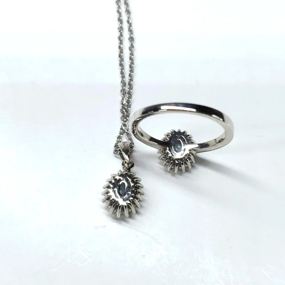 Aquamarine Halo Ring & Necklace Set Sterling Silver Platinum NWT 7